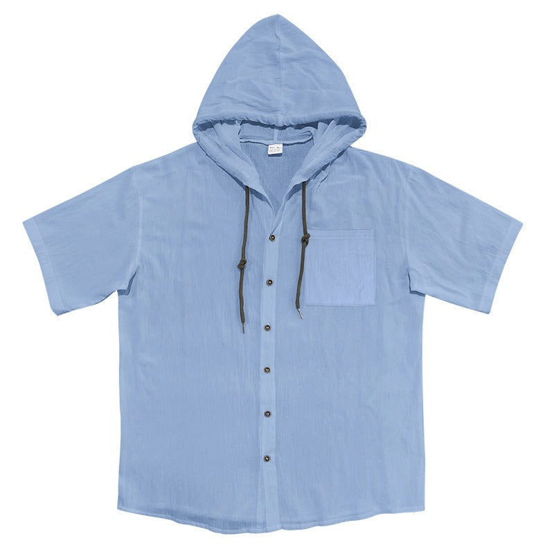 Men’s Linen Hooded Short Sleeve Shirt – Casual Loose Fit | YH-2454