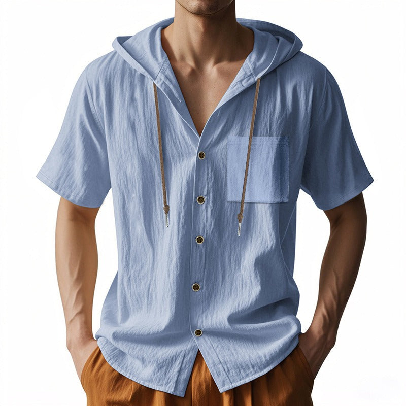 Men’s Linen Hooded Short Sleeve Shirt – Casual Loose Fit | YH-2454