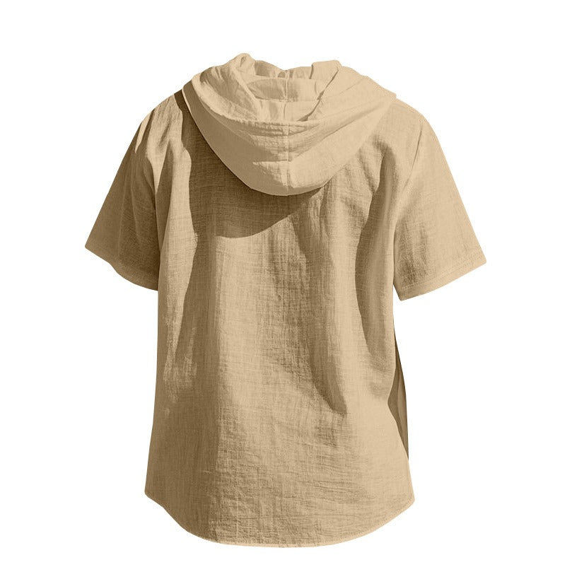 Men’s Linen Hooded Short Sleeve Shirt – Casual Loose Fit | YH-2454