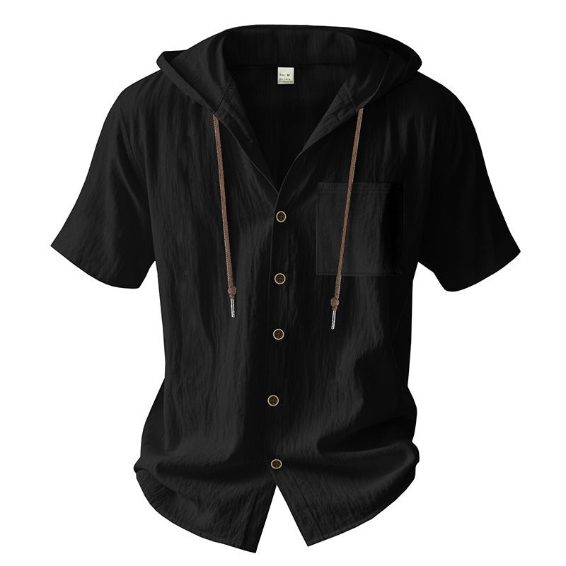 Men’s Linen Hooded Short Sleeve Shirt – Casual Loose Fit | YH-2454
