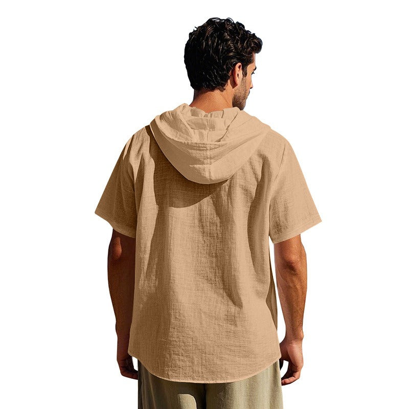 Men’s Linen Hooded Short Sleeve Shirt – Casual Loose Fit | YH-2454