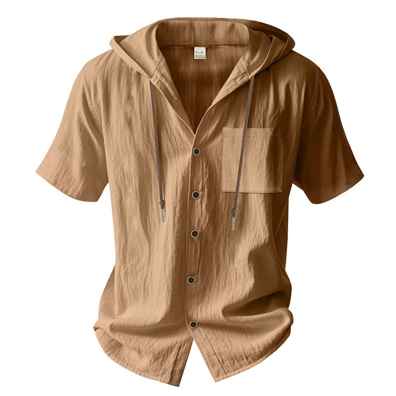 Men’s Linen Hooded Short Sleeve Shirt – Casual Loose Fit | YH-2454