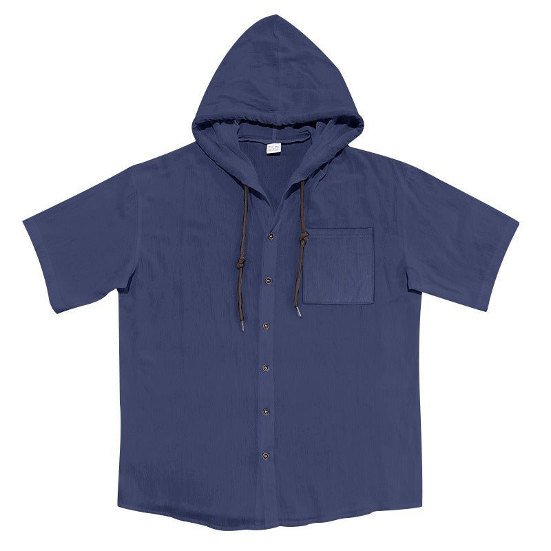 Men’s Linen Hooded Short Sleeve Shirt – Casual Loose Fit | YH-2454