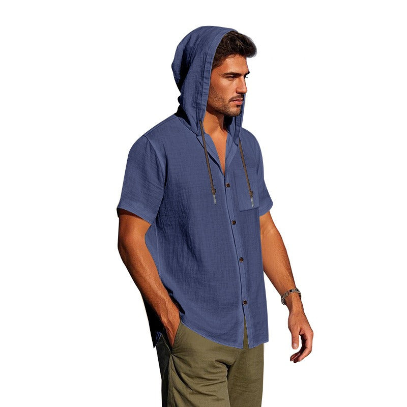 Men’s Linen Hooded Short Sleeve Shirt – Casual Loose Fit | YH-2454