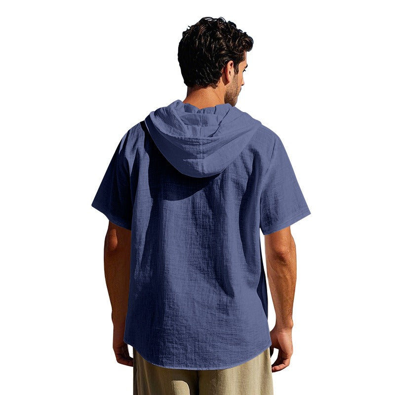 Men’s Linen Hooded Short Sleeve Shirt – Casual Loose Fit | YH-2454