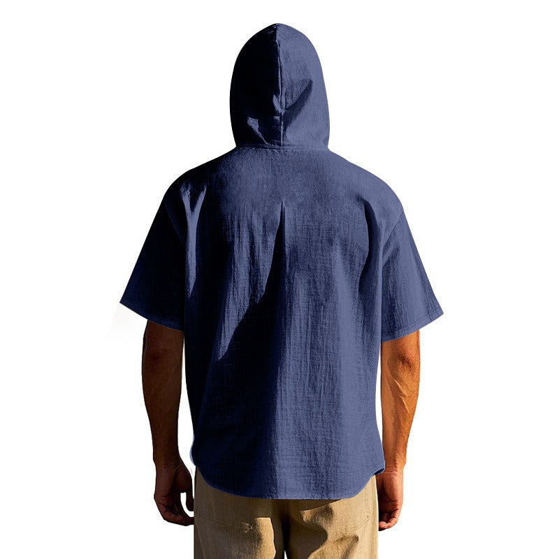 Men’s Linen Hooded Short Sleeve Shirt – Casual Loose Fit | YH-2454