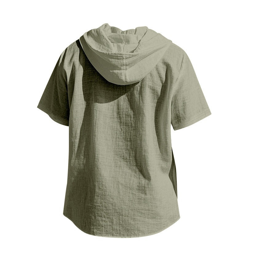 Men’s Linen Hooded Short Sleeve Shirt – Casual Loose Fit | YH-2454