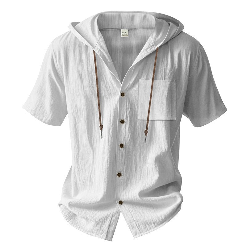 Men’s Linen Hooded Short Sleeve Shirt – Casual Loose Fit | YH-2454