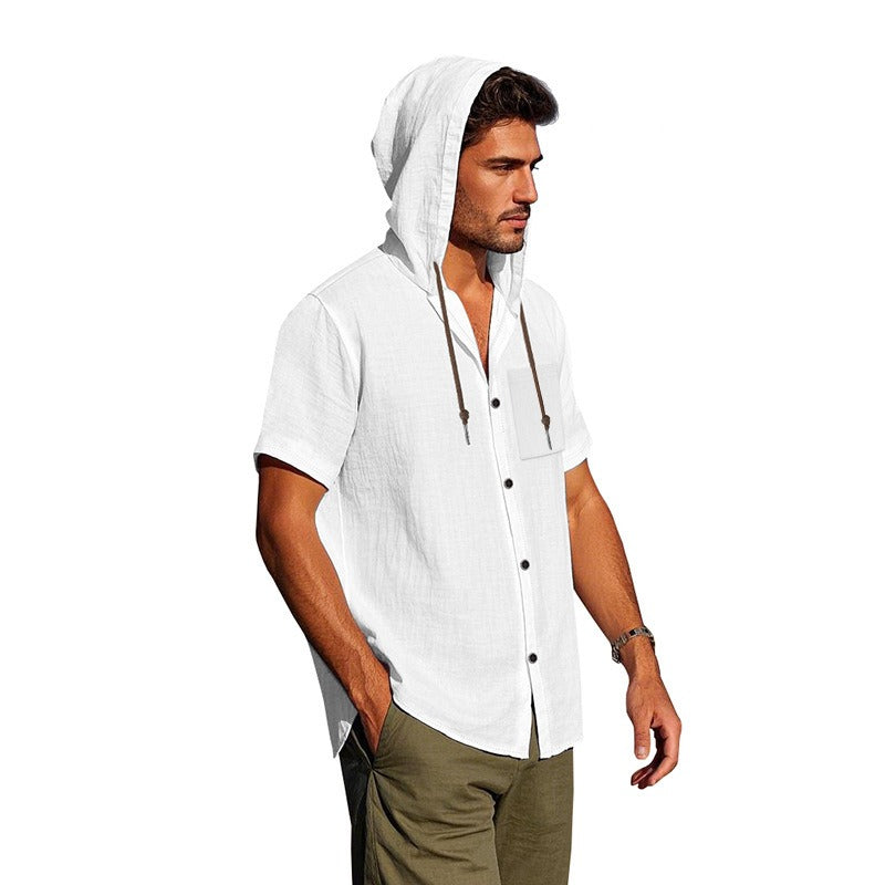 Men’s Linen Hooded Short Sleeve Shirt – Casual Loose Fit | YH-2454