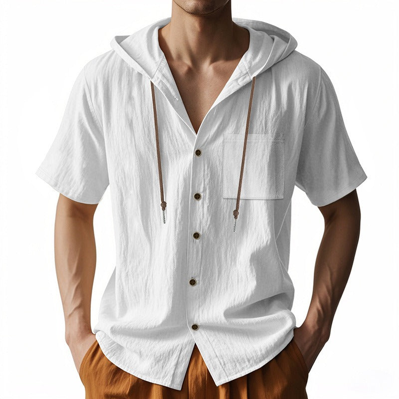Men’s Linen Hooded Short Sleeve Shirt – Casual Loose Fit | YH-2454