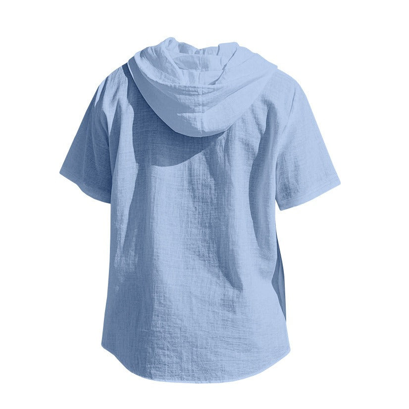 Men’s Linen Hooded Short Sleeve Shirt – Casual Loose Fit | YH-2454