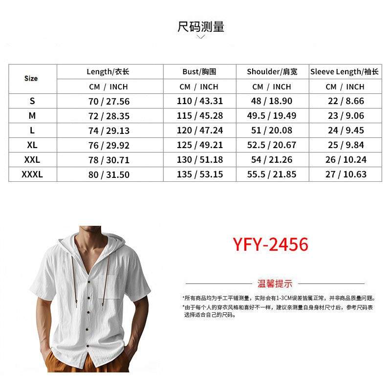 Men’s Linen Hooded Short Sleeve Shirt – Casual Loose Fit | YH-2454