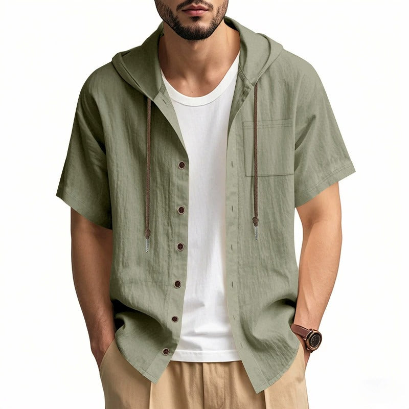 Men’s Linen Hooded Short Sleeve Shirt – Casual Loose Fit | YH-2454