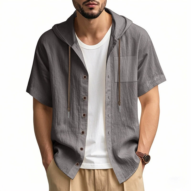 Men’s Linen Hooded Short Sleeve Shirt – Casual Loose Fit | YH-2454