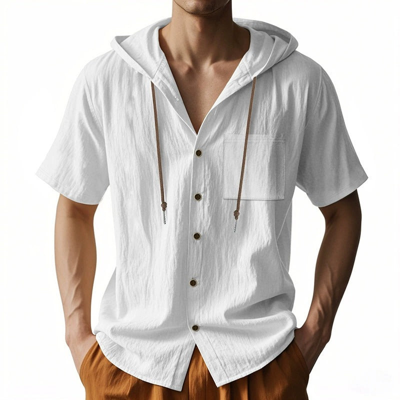 Men’s Linen Hooded Short Sleeve Shirt – Casual Loose Fit | YH-2454