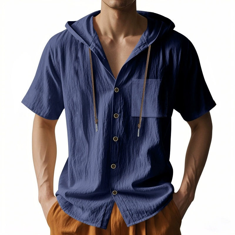 Men’s Linen Hooded Short Sleeve Shirt – Casual Loose Fit | YH-2454