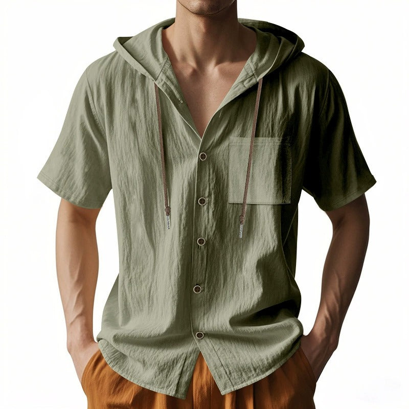 Men’s Linen Hooded Short Sleeve Shirt – Casual Loose Fit | YH-2454