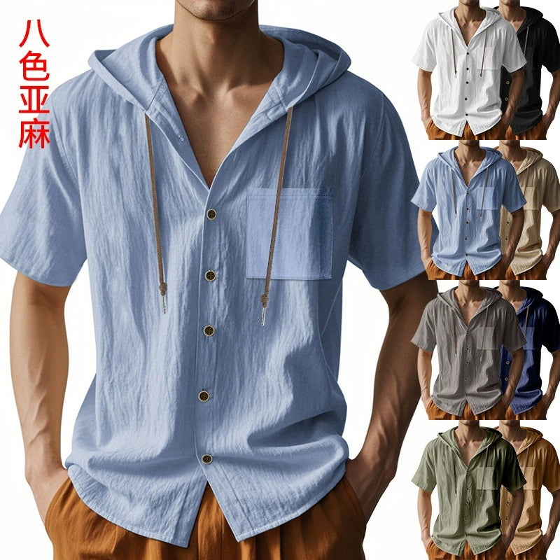Men’s Linen Hooded Short Sleeve Shirt – Casual Loose Fit | YH-2454