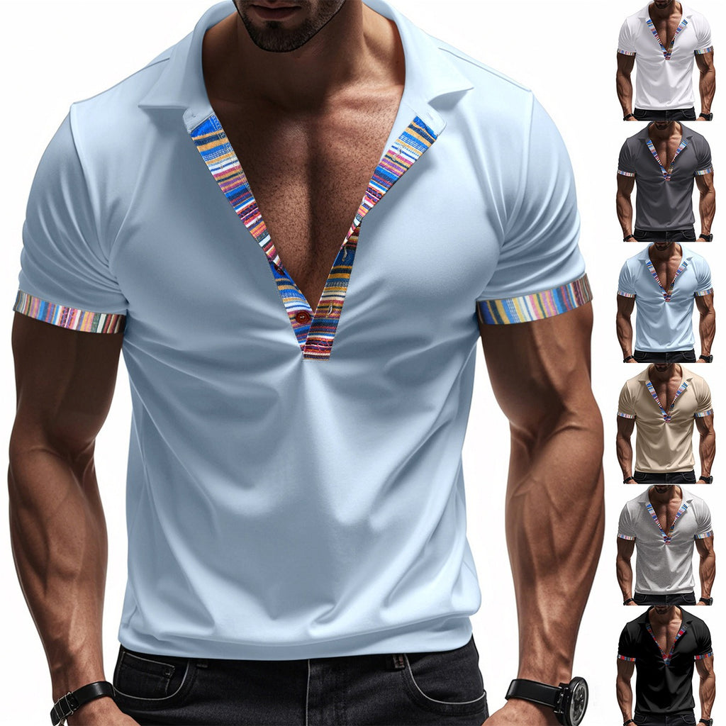 Men's American Summer Casual Breathable Polo Shirt Boho Color-Block Slim-Fit Short Sleeve Top | YH-5