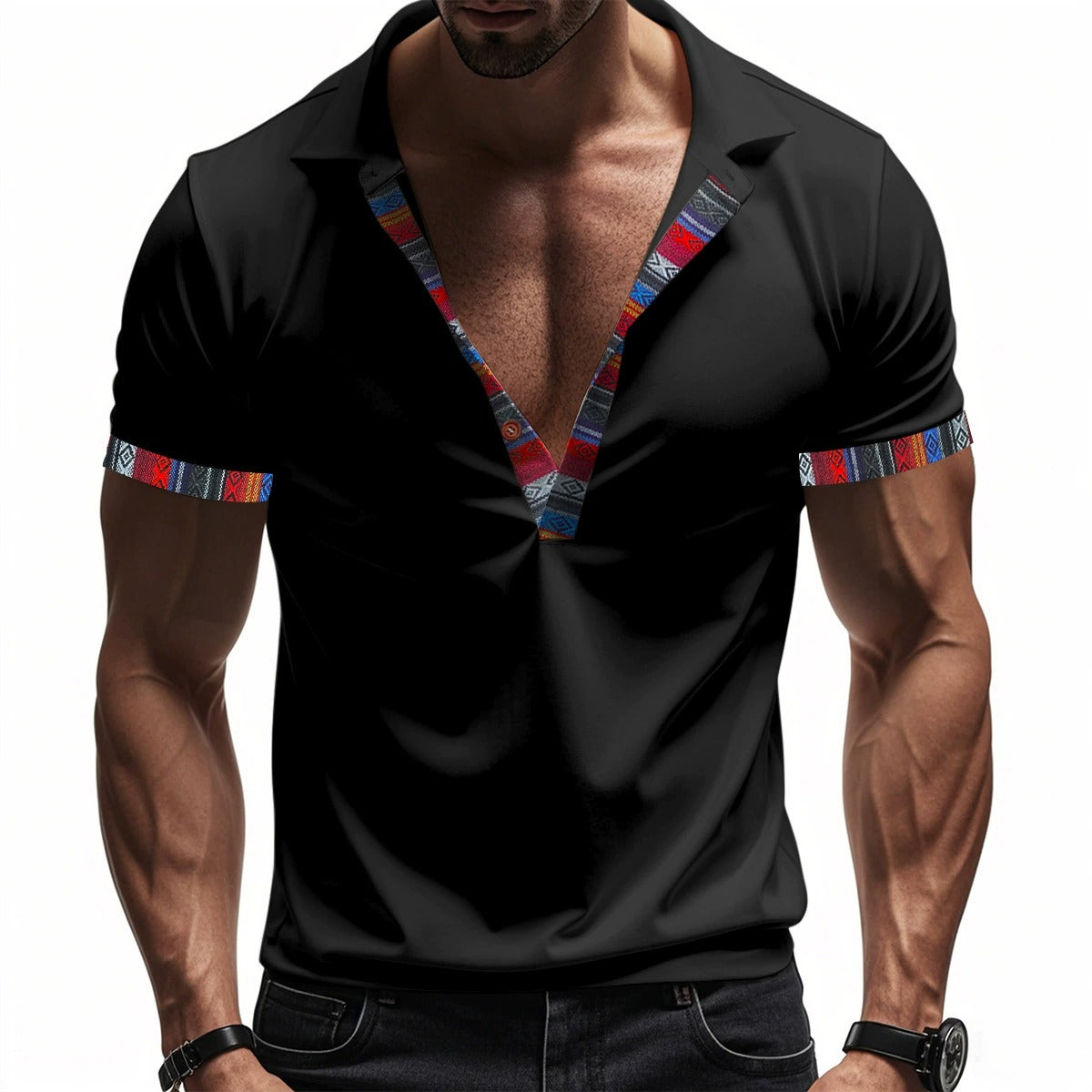 Men's American Summer Casual Breathable Polo Shirt Boho Color-Block Slim-Fit Short Sleeve Top | YH-5