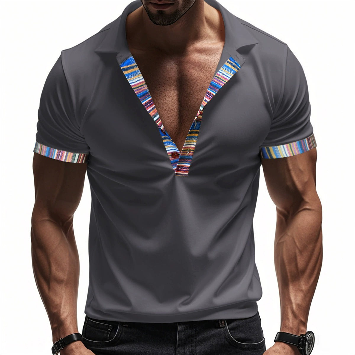 Men's American Summer Casual Breathable Polo Shirt Boho Color-Block Slim-Fit Short Sleeve Top | YH-5