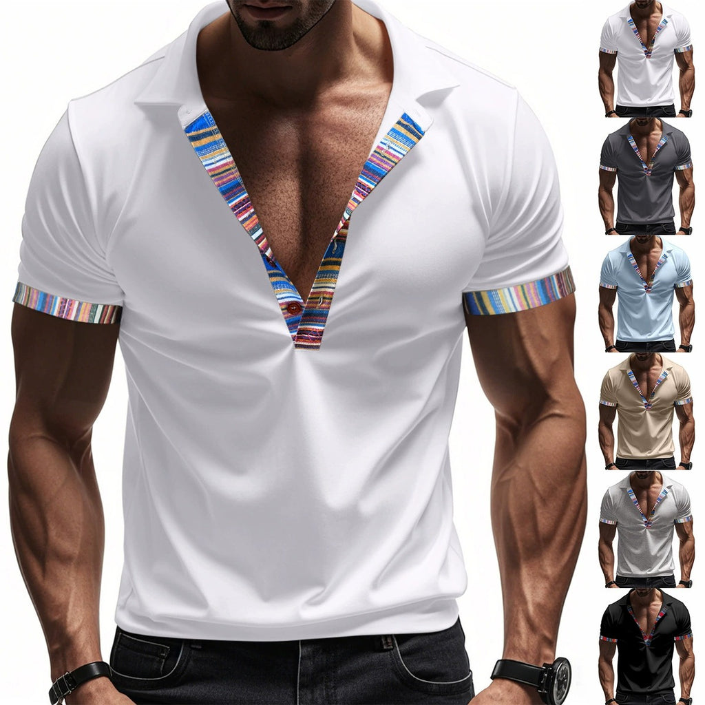 Men's American Summer Casual Breathable Polo Shirt Boho Color-Block Slim-Fit Short Sleeve Top | YH-5