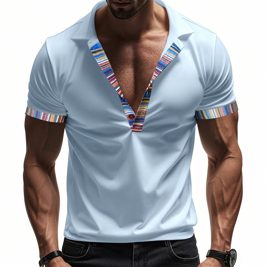 Men's American Summer Casual Breathable Polo Shirt Boho Color-Block Slim-Fit Short Sleeve Top | YH-5