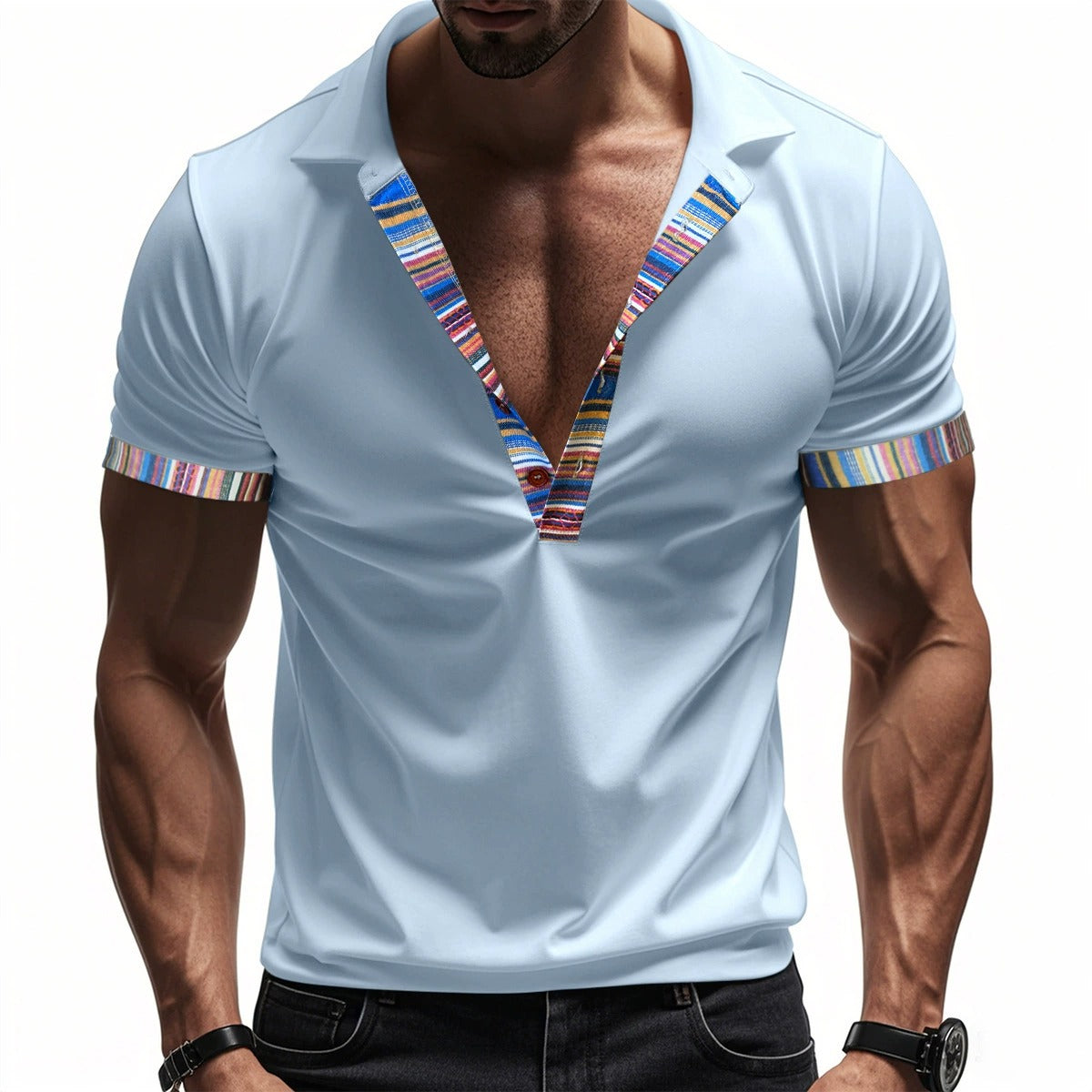 Men's American Summer Casual Breathable Polo Shirt Boho Color-Block Slim-Fit Short Sleeve Top | YH-5