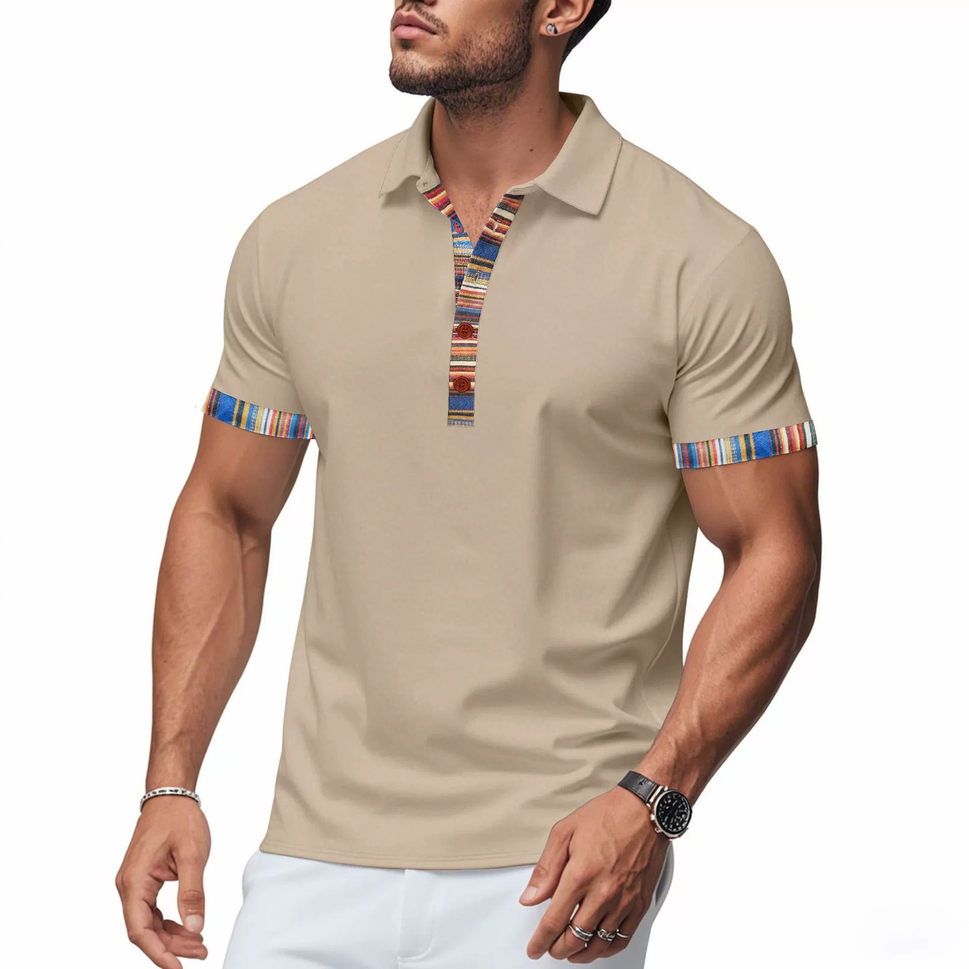 Men's American Summer Casual Breathable Polo Shirt Boho Color-Block Slim-Fit Short Sleeve Top | YH-5