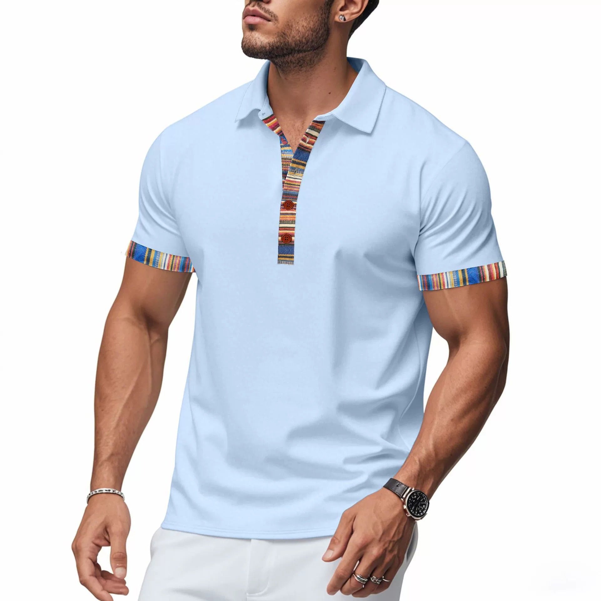 Men's American Summer Casual Breathable Polo Shirt Boho Color-Block Slim-Fit Short Sleeve Top | YH-5