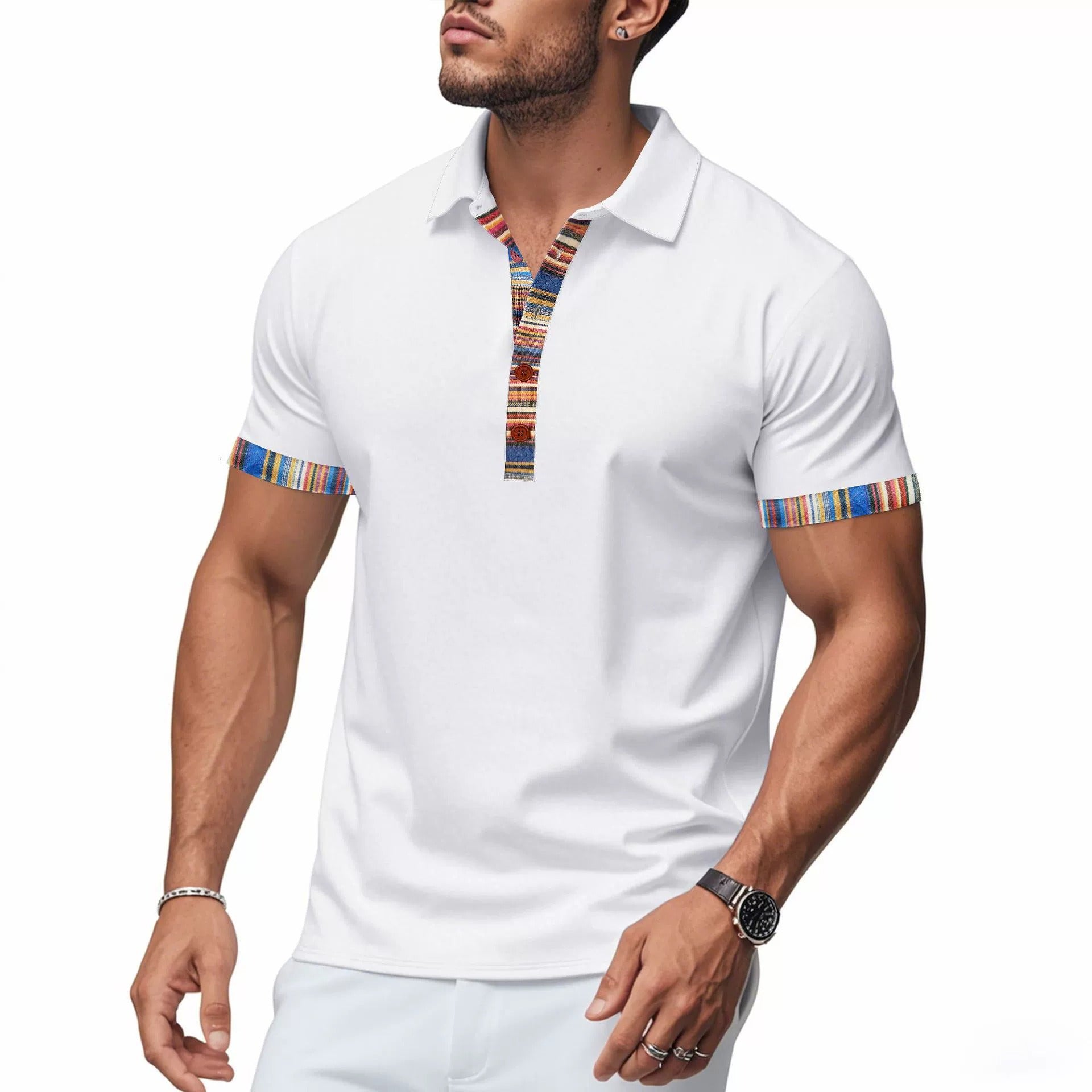 Men's American Summer Casual Breathable Polo Shirt Boho Color-Block Slim-Fit Short Sleeve Top | YH-5