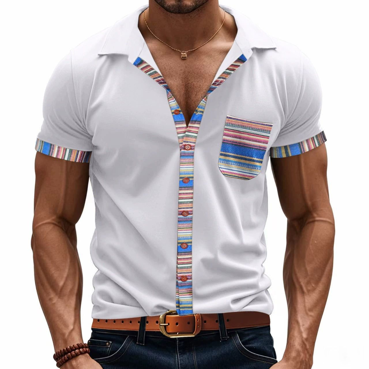Men's Summer Slim-Fit Bohemian Contrast Sleeve Shirt - Light Luxury Casual Short Sleeve Top | YH-6