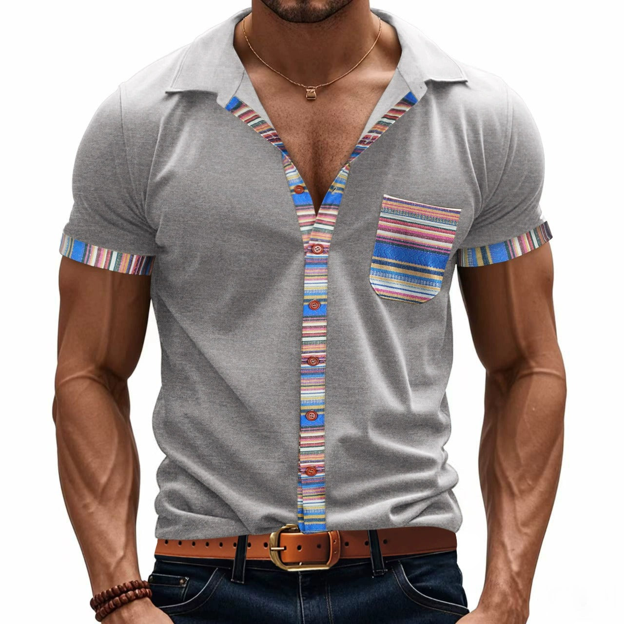 Men's Summer Slim-Fit Bohemian Contrast Sleeve Shirt - Light Luxury Casual Short Sleeve Top | YH-6