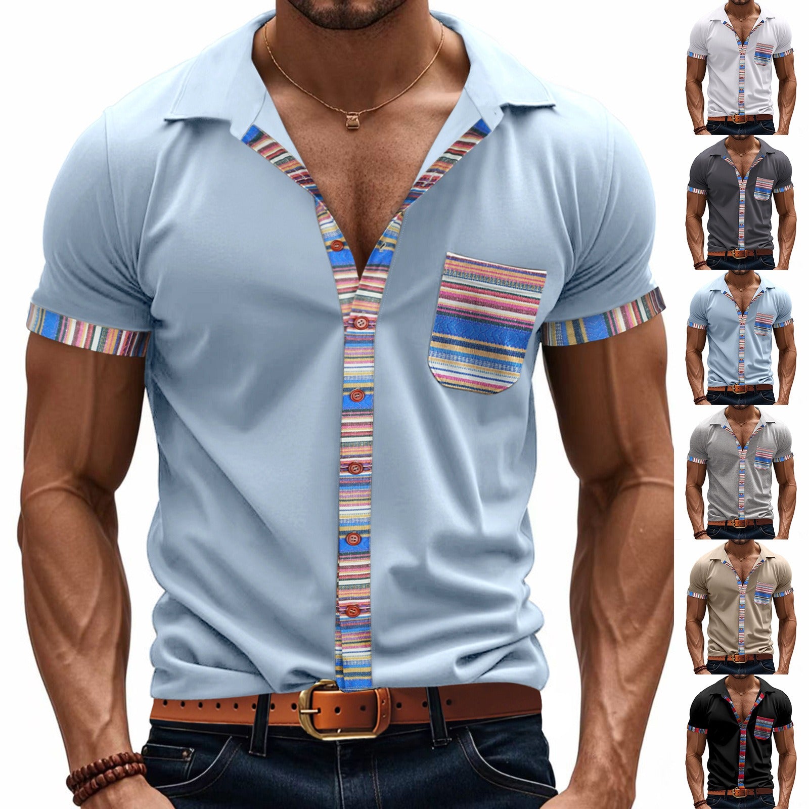 Men's Summer Slim-Fit Bohemian Contrast Sleeve Shirt - Light Luxury Casual Short Sleeve Top | YH-6