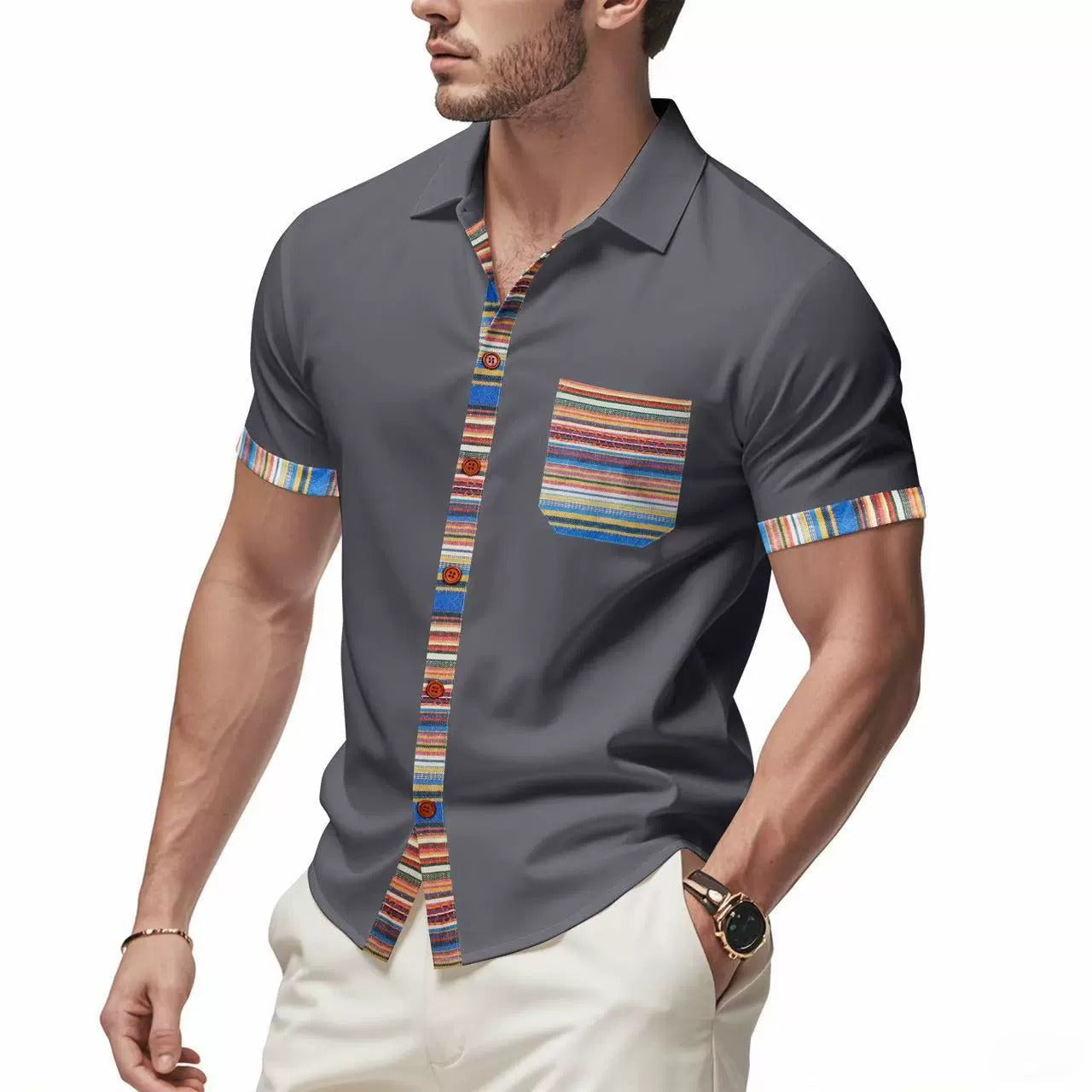 Men's Summer Slim-Fit Bohemian Contrast Sleeve Shirt - Light Luxury Casual Short Sleeve Top | YH-6