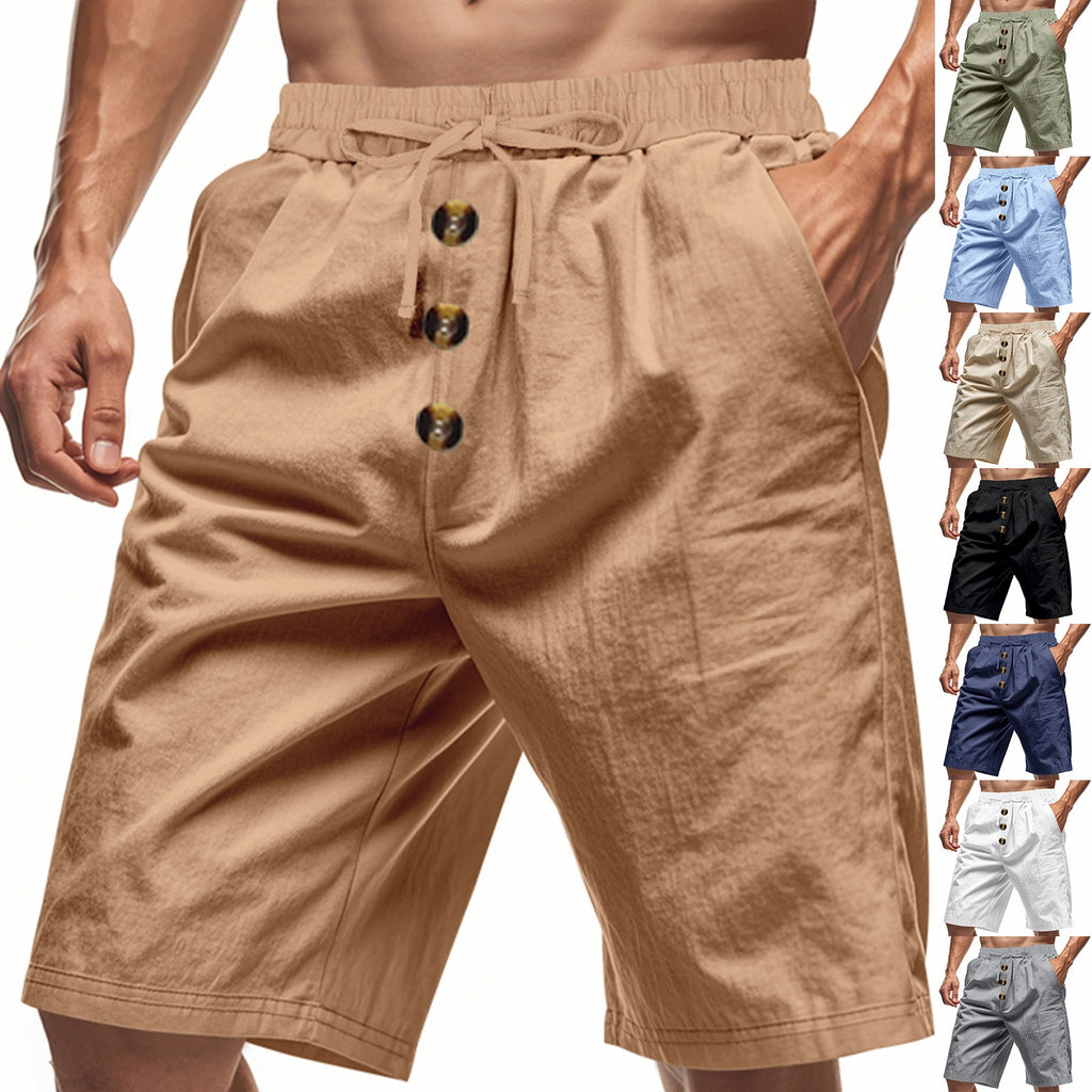 Men’s Linen Beach Shorts Washed Button Fly Relaxed Fit Five-Point Shorts | YH-WW9