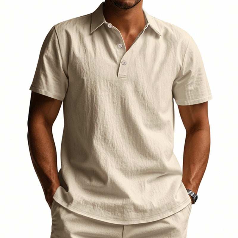 Men’s British Gentleman Style Loose-Fit Linen Polo Shirt Summer Short Sleeve | YHBKCS-20