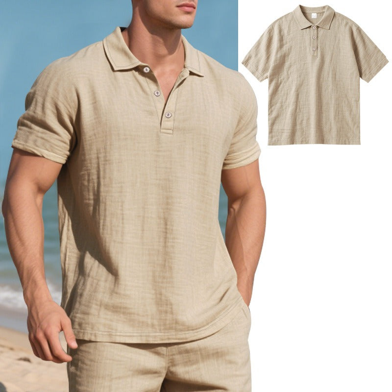 Men’s British Gentleman Style Loose-Fit Linen Polo Shirt Summer Short Sleeve | YHBKCS-20