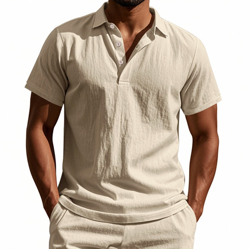 Men’s British Gentleman Style Loose-Fit Linen Polo Shirt Summer Short Sleeve | YHBKCS-20