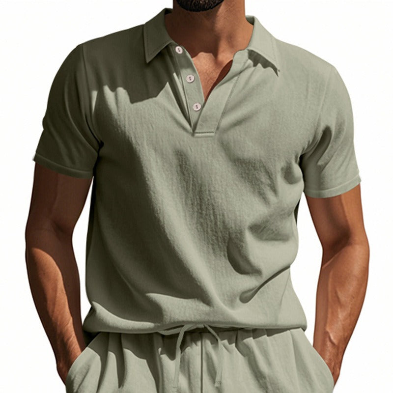 Men’s British Gentleman Style Loose-Fit Linen Polo Shirt Summer Short Sleeve | YHBKCS-20