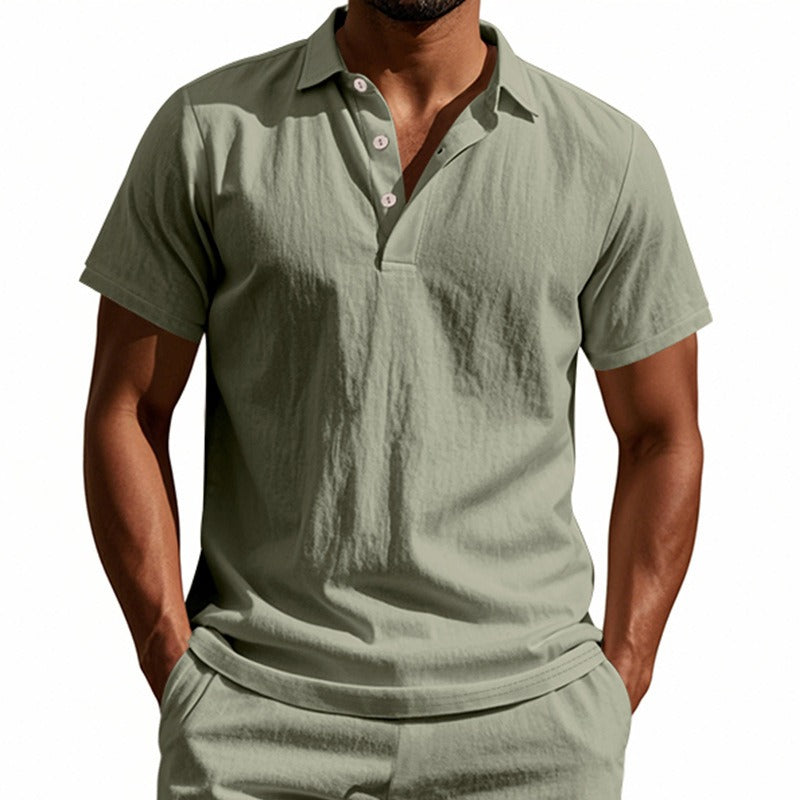 Men’s British Gentleman Style Loose-Fit Linen Polo Shirt Summer Short Sleeve | YHBKCS-20