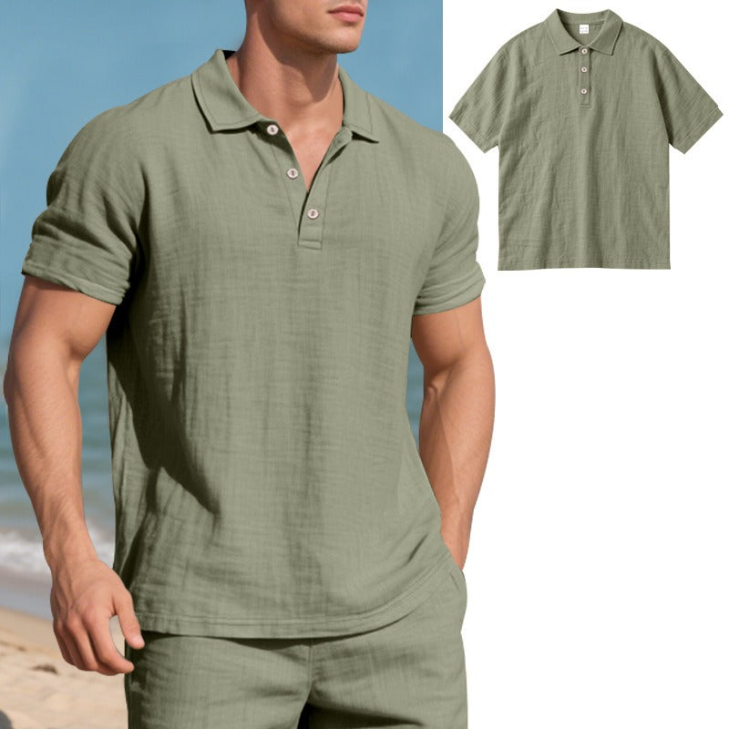 Men’s British Gentleman Style Loose-Fit Linen Polo Shirt Summer Short Sleeve | YHBKCS-20