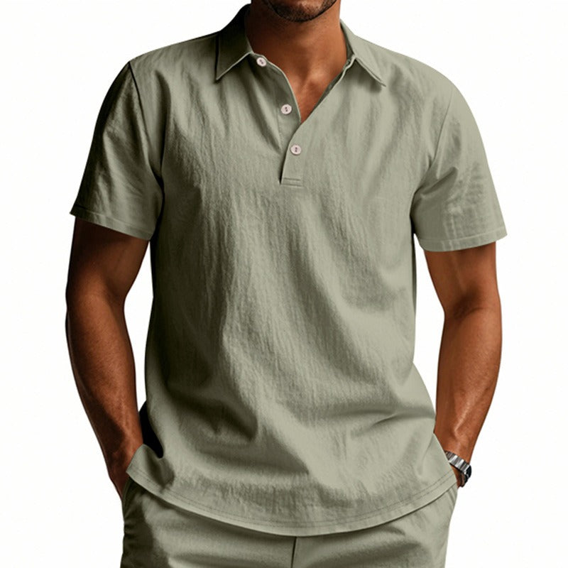 Men’s British Gentleman Style Loose-Fit Linen Polo Shirt Summer Short Sleeve | YHBKCS-20
