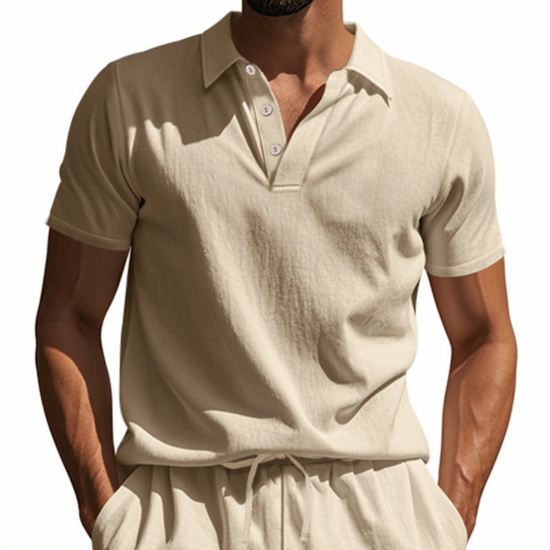 Men’s British Gentleman Style Loose-Fit Linen Polo Shirt Summer Short Sleeve | YHBKCS-20