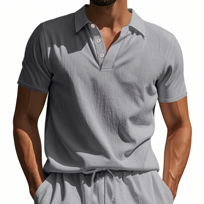 Men’s British Gentleman Style Loose-Fit Linen Polo Shirt Summer Short Sleeve | YHBKCS-20
