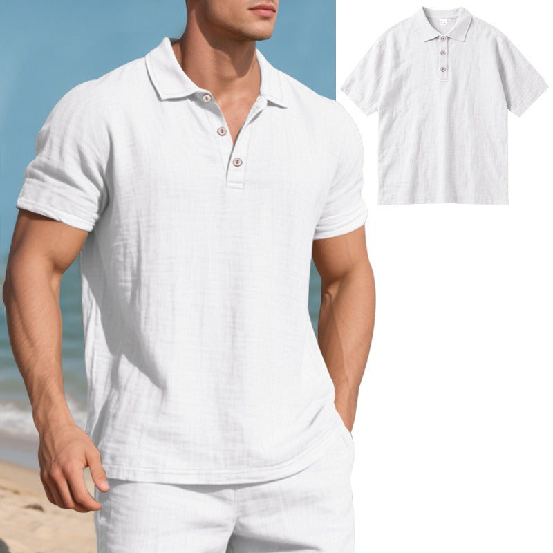 Men’s British Gentleman Style Loose-Fit Linen Polo Shirt Summer Short Sleeve | YHBKCS-20