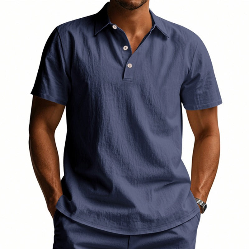Men’s British Gentleman Style Loose-Fit Linen Polo Shirt Summer Short Sleeve | YHBKCS-20