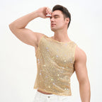 WINUU Men‘s Mesh Sequin Tank Top Rave Party Vest for Clubs & Music Festivals Shiny Glitter Muscle Tee Shirt