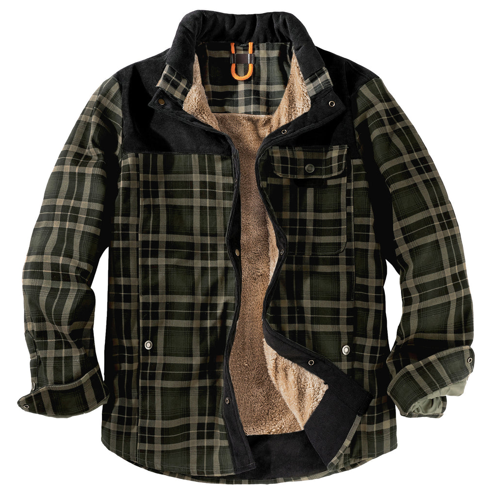 Men's Patchwork Corduroy Plaid Shirt Jacket Plus Size Velvet Lined Casual Winter Top | 3251
