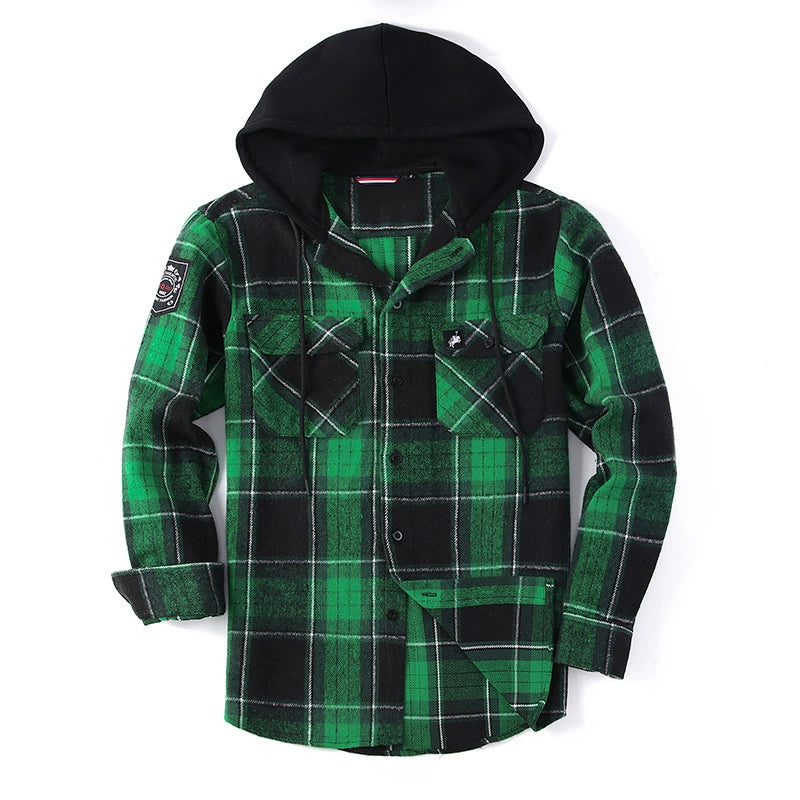 Men's Thick Hooded Plaid Flannel Shirt European & American Style Warm & Loose Fit | S02